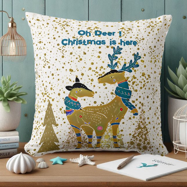 Almofada Ouro Brilhante Árvores de Natal Reindeer Casal Beb (Golden Shine Christmas Trees Reindeer Couple Baby Throw Pillow)
