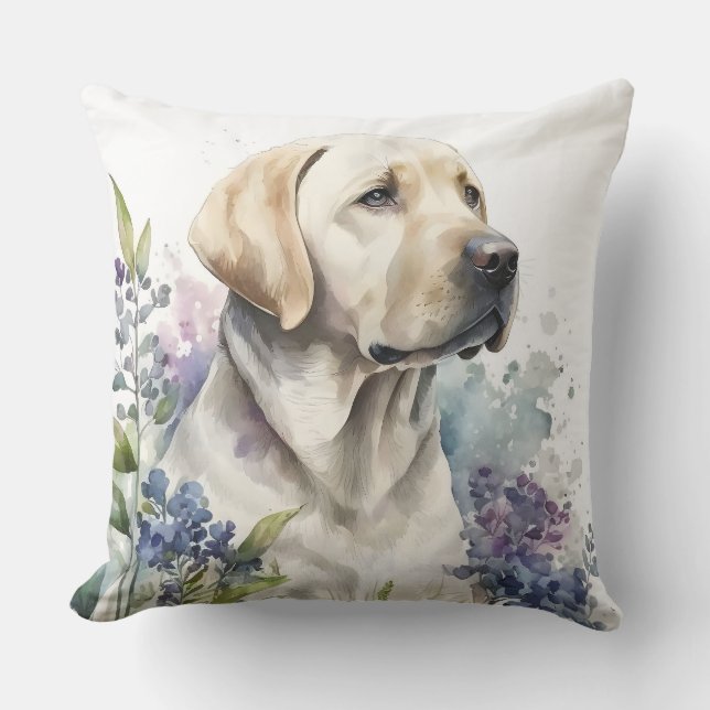 Almofada Ouro de aquarela Labrador Retriever e Flores (Frente)