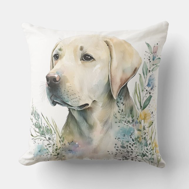 Almofada Ouro de aquarela Labrador Retriever e Flores (Frente)