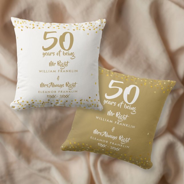 Almofada Ouro de Diversão 50º Aniversário de Casamento (Mr Mrs Right Fun Golden 50th Wedding Anniversary Throw Pillow)