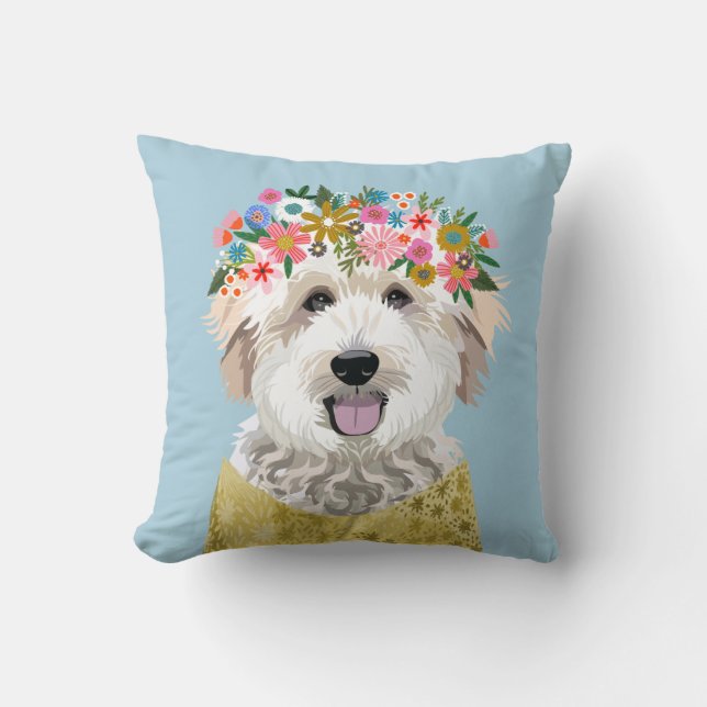 Almofada Ouro Doodle Flower Crown Dog - Ilustração (Frente)