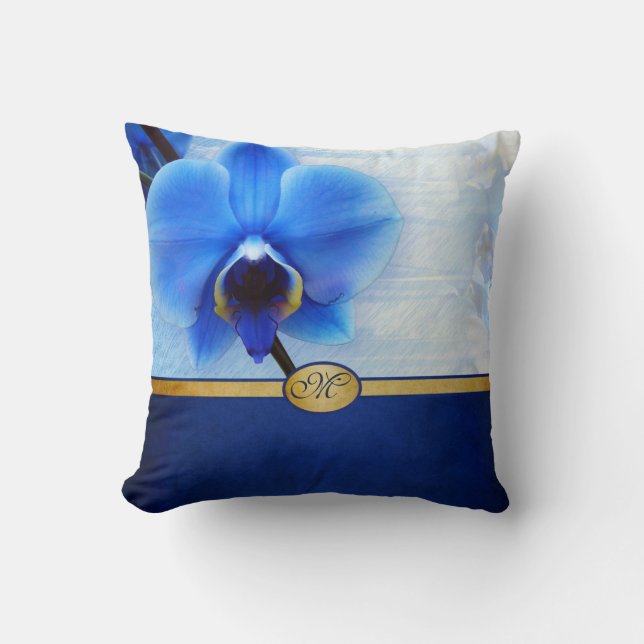 Almofada Ouro elegante Monogrammed da orquídea azul (Frente)