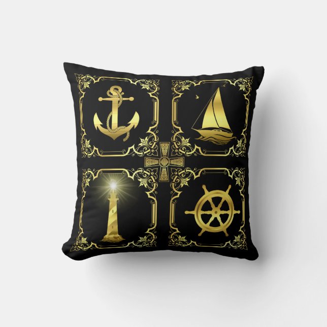 Almofada Ouro náutico de âncora/vela/roda/farol (Frente)