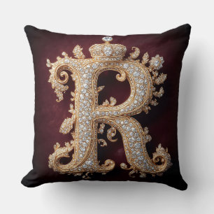 Almofada Ouro Ornamentado 'R' Adornado com Diamantes