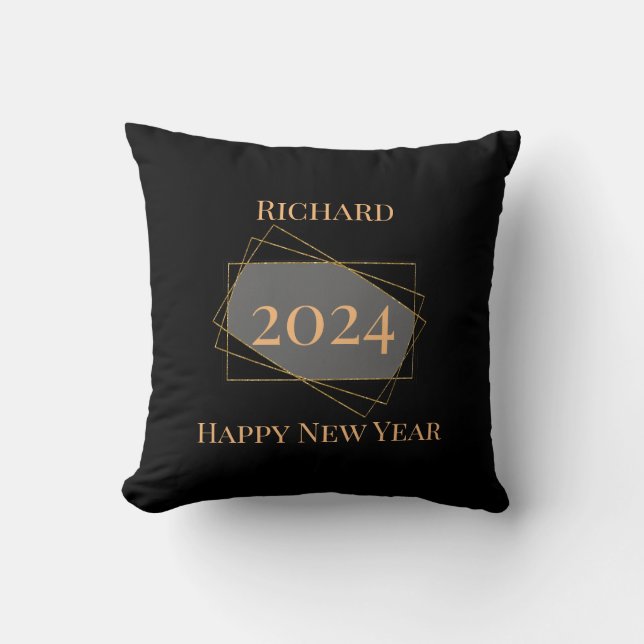 Almofada Ouro preto "Feliz ano novo" na moda personalizado  (Frente)