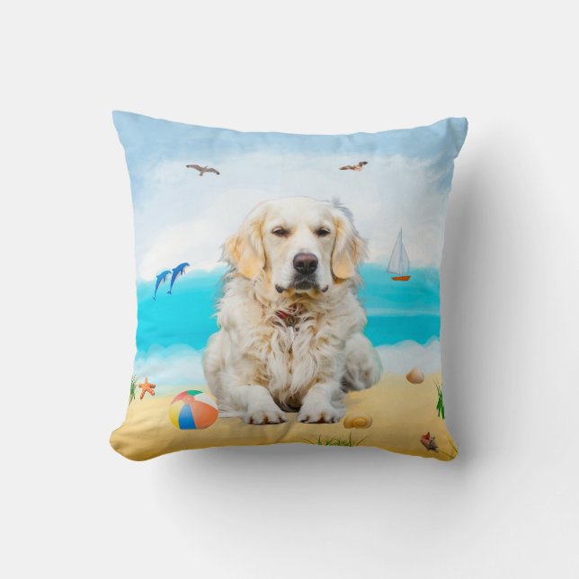 Almofada Ouro Retriever Dog na praia (Frente)