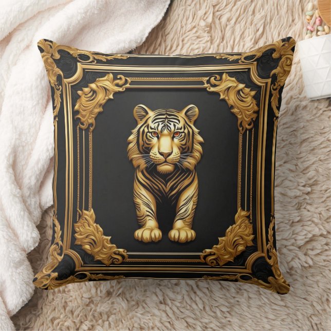 Almofada Ouro tigre e quadro decorativo preto (Cobertor)