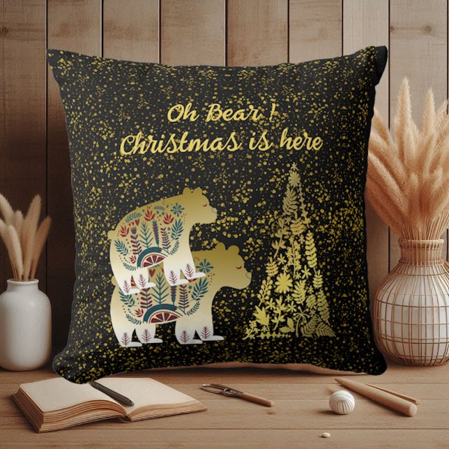Almofada Ouro Urso Feliz Árvore de Natal Árvore Nórdica (Golden Bear Merry Christmas Tree Nordic Decor Baby Throw Pillow)