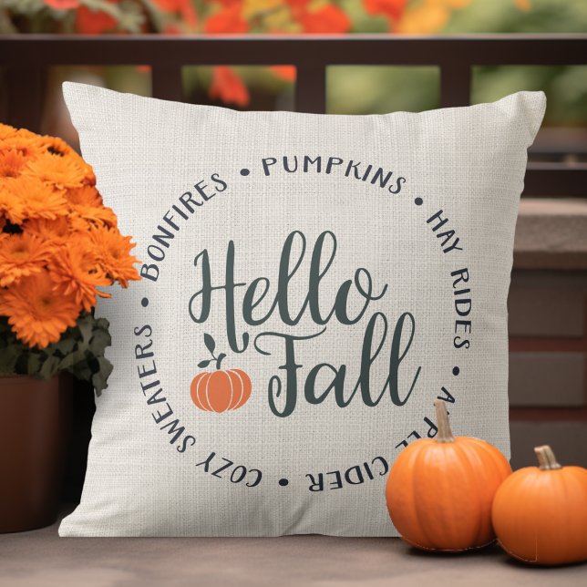 Almofada outono clássico de queda de na moda Hello (Stylish Hello Fall Classic Autumn Throw Pillow.  Bonfires, Pumpkins, Hay Rides, Cozy Sweaters, Cider)
