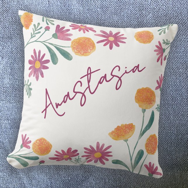 Almofada Outubro Mês de Nascimento Calendula Cosmos Persona (October birthday personalized birth month flower marigold cosmos floral watercolor throw pillow gift)