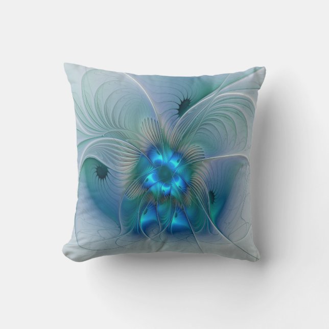 Almofada Ovações de Pé, Fractal Azul Turquesa Abstrato (Frente)