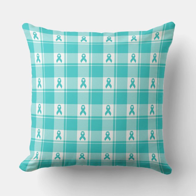 Almofada Ovarian Cancer Awareness Plaid Teal Ribbon (Frente)