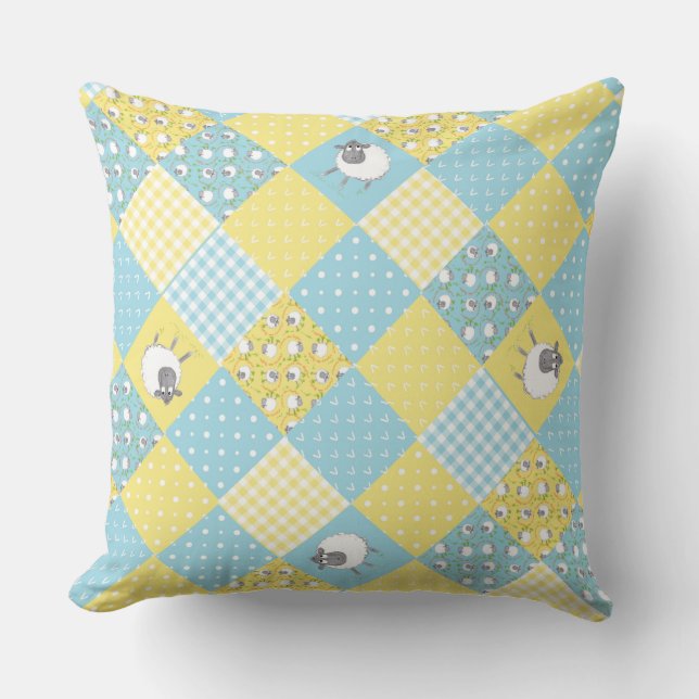 Almofada Ovelha galesa divertida, Faux Patchwork, Travessei (Frente)