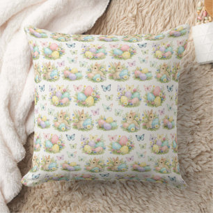 Almofada Ovos e Coelhinhos de Páscoa em Pastel Flores e Bor