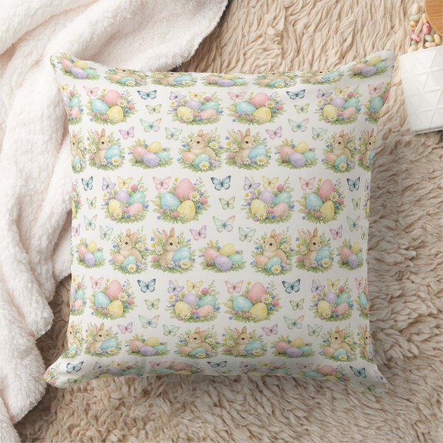 Almofada Ovos e Coelhinhos de Páscoa em Pastel Flores e Bor (Cobertor)