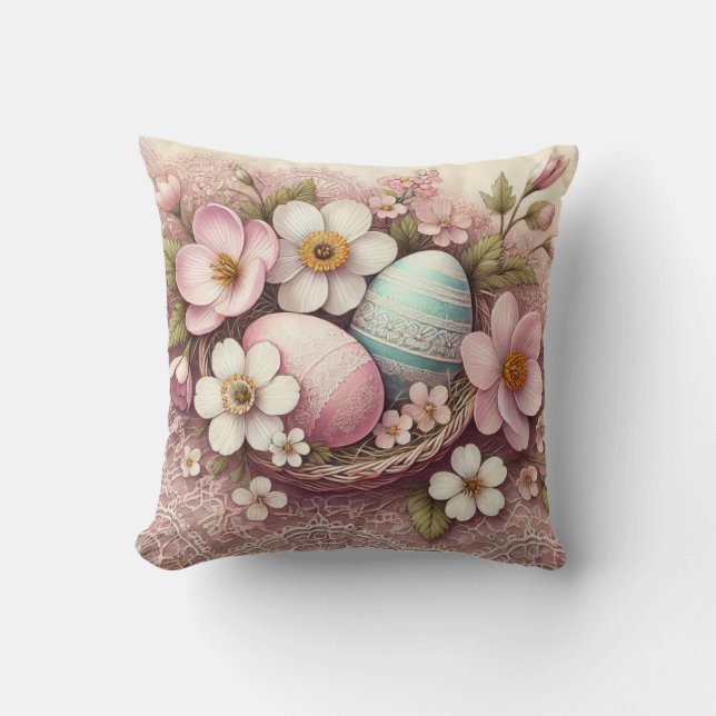 Almofada Ovos florais cor-de-rosa com rendas monograma numa (Frente)