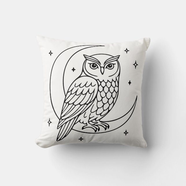 Almofada  Owl on Crescent Moon with Stars Line Art (Frente)