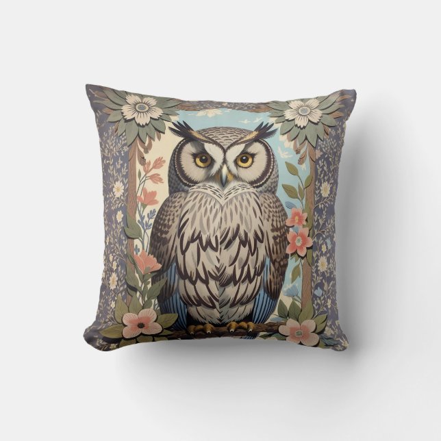 Almofada Owl Pastel Floral William Morris Inspirado (Frente)
