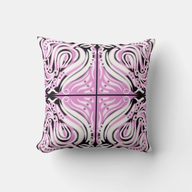 Almofada Padrão Abstrato Curly Preto Branco Rosa  (Frente)