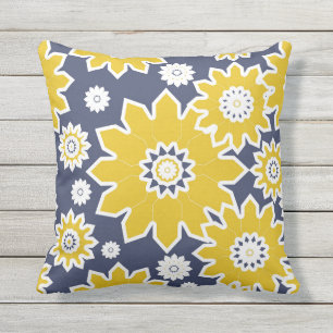 Almofada padrão abstrato floral, amarelo, branco, azul