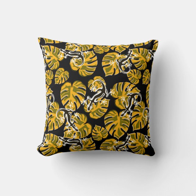 Almofada Padrão Amarelo e Preto - Geckos e Folhas (Frente)