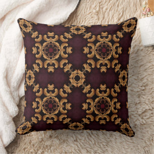 Almofada Padrão arabesco dourado vermelho profundo elegante