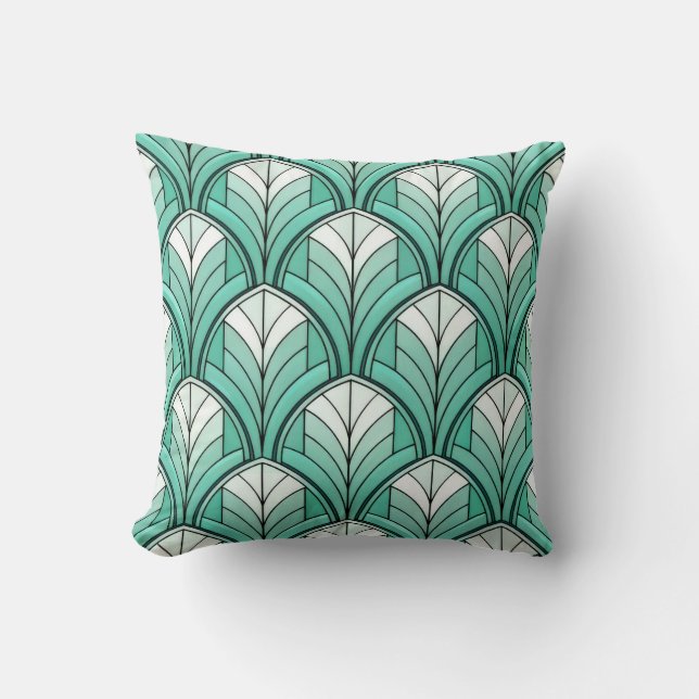 Almofada padrão art déco com tons de azul-turquesa, branco  (Frente)