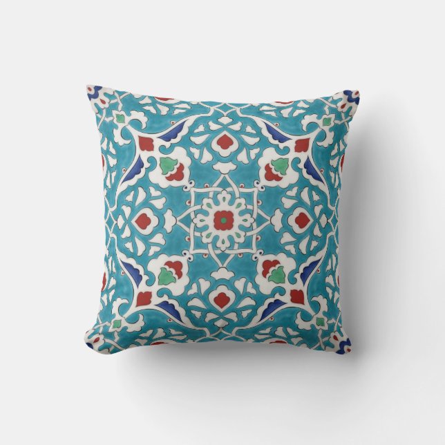 Almofada Padrão Azulejo Branco Azulejo Vermelho Azul (Frente)