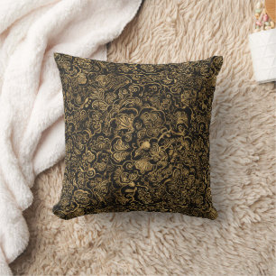 Almofada Padrão Barroco Floral Dourado em Preto