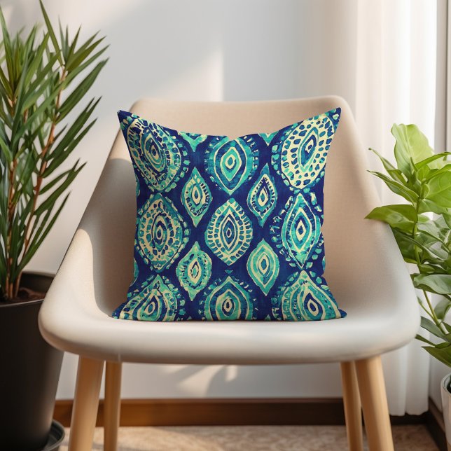 Almofada Padrão Boêmio Azul Turquesa  (Blue Teal Turquoise Bohemian Pattern Throw Pillow)