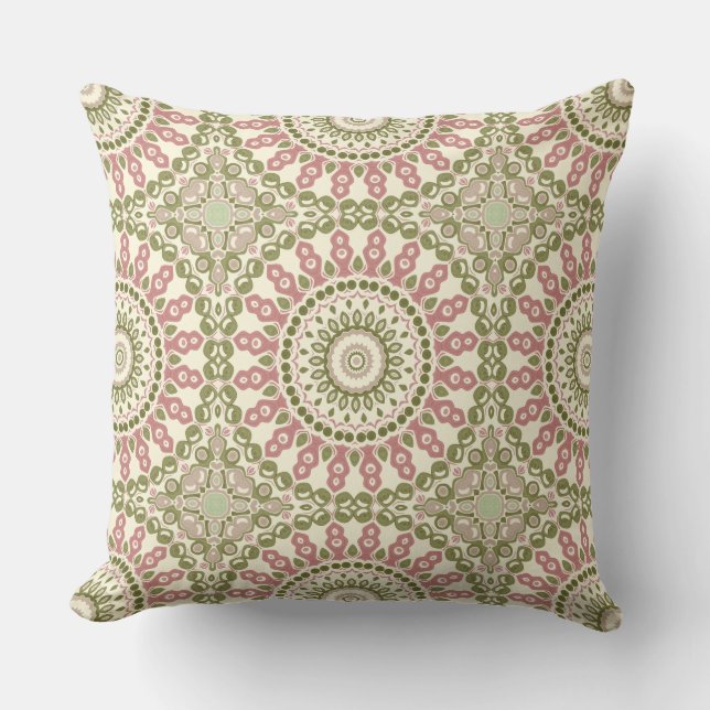 Almofada Padrão Boêmio Vintage Mandala Verde e Rosa (Frente)