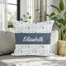Almofada Padrão Botânico Aquarela Azul Nome Personalizado