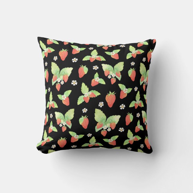Almofada Padrão Botânico de Morango em Aquarela Fofa (Frente)