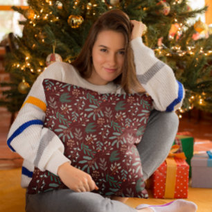 Almofada Padrão Botânico do inverno Vermelho