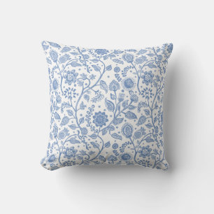Almofada Padrão Botânico Floral Azul e Branco Caprichoso