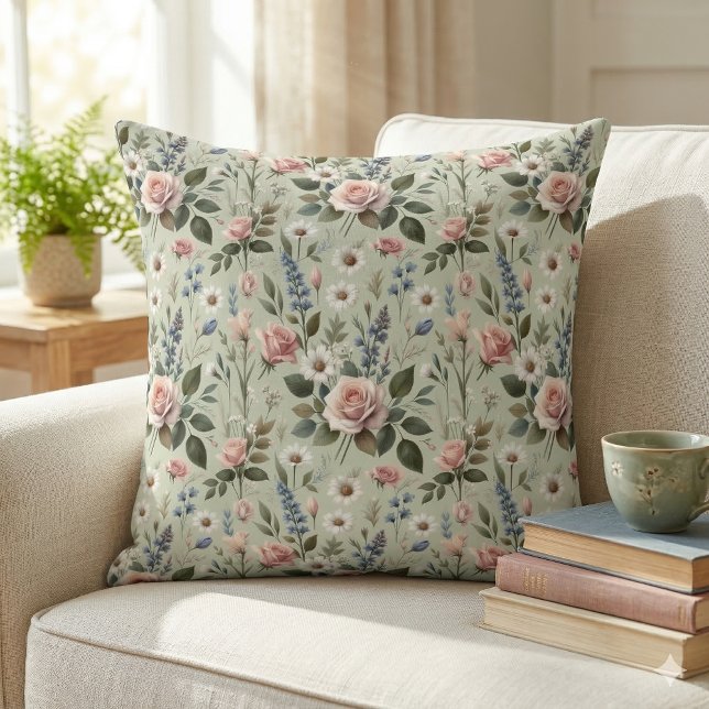 Almofada Padrão Botânico Floral do Vintage Pastel (Vintage Pastel Floral Botanical Pattern Throw Pillow Mockup A)