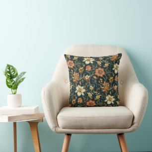 Almofada Padrão Botânico Floral Laranja e Creme