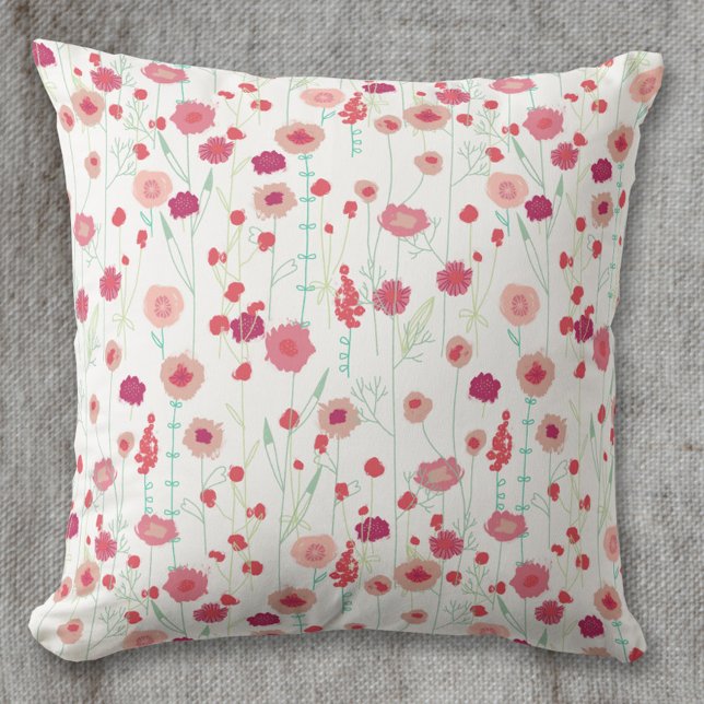 Almofada Padrão Botânico Floral Rosa (Pink red and white loose floral painting art throw pillow)