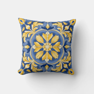 Almofada Padrão Botânico mediterrânico - Azul e Amarelo