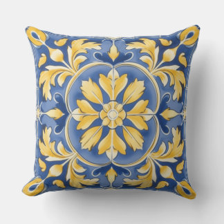 Almofada Padrão Botânico mediterrânico - Azul e Amarelo