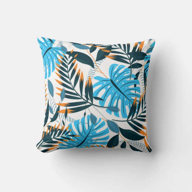Almofada Padrão Branco Brilhante de Folhas Tropicais (Frente)