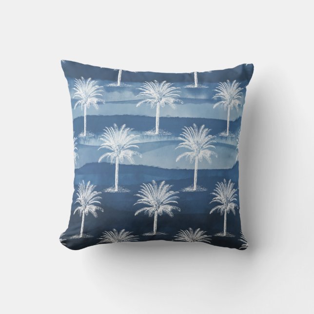 Almofada Padrão Branco Tropical Palm Tree Blue (Frente)