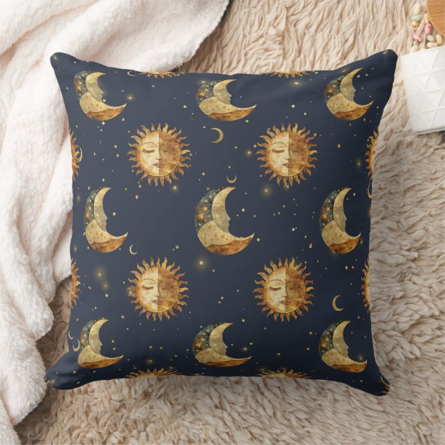 Almofada Padrão Celestial Sol & Lua Estrela Dourada Noite ( (Cobertor)