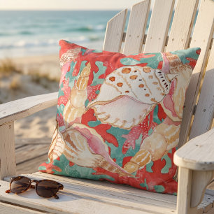 Almofada Padrão Chic Aqua Turquoise Coral Red Seashells