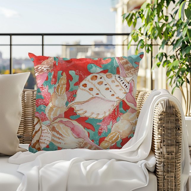 Almofada Padrão Chic Aqua Turquoise Coral Red Seashells (Criador carregado)