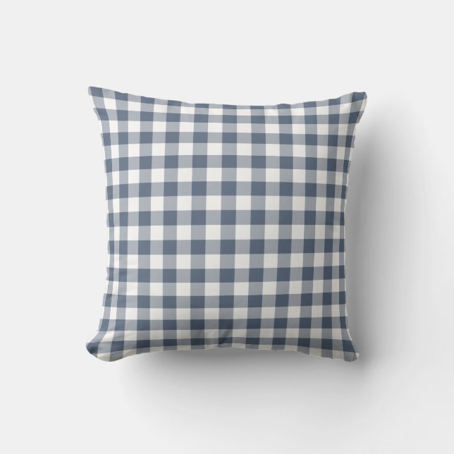 Almofada Padrão Clássico de Gingham Azul e Branco Escuro (Frente)