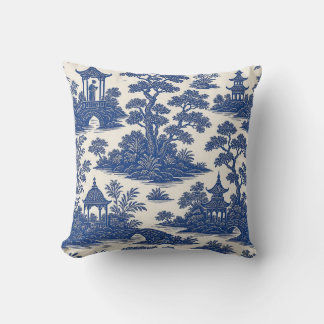 Almofada Padrão Clássico de Toile de Chinoiserie Azul e Bra
