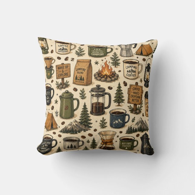 Almofada Padrão contínuo de café de acampamento retrô (Frente)