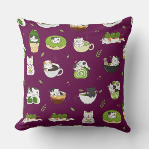 Almofada Padrão Contínuo de Gato Matcha Kawaii