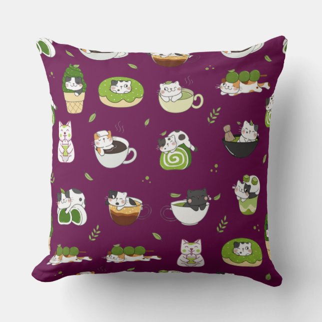 Almofada Padrão Contínuo de Gato Matcha Kawaii (Frente)